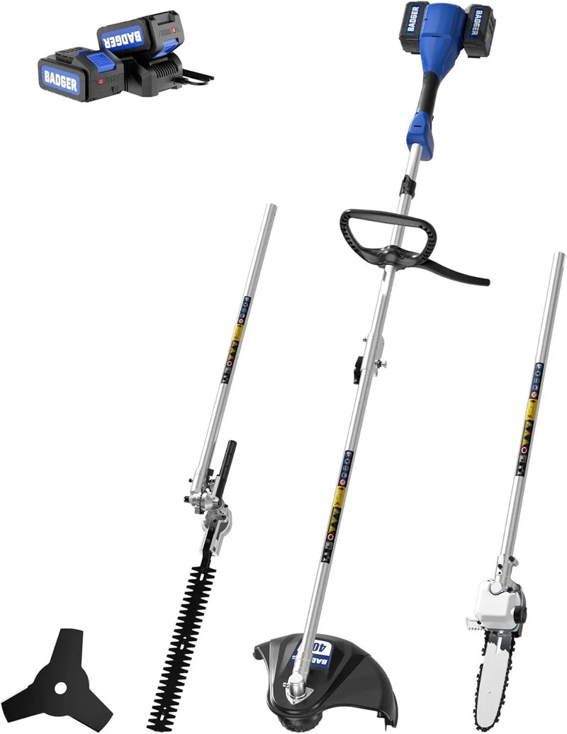 WILD BADGER POWER 40V Cordless Weed Wacker, String Trimmer/Edger, Pole Saw, Hedge Trimmer and Brush Cutter Blade, Attachment Capable 4-in-1 Multi-Tool Kit with 2 * 20V 4Ah Battery and 1*Charger by GreenHaven Gardens