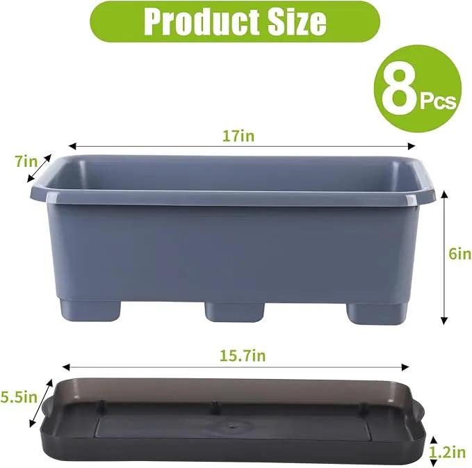 Window Box Planter 8 Pcs, 17 Inches Rectangle Flower Pots with Drainage Holes and Trays, Vegetable Planters for Windowsill Patio Garden Balcony Home Porch Yard Indoor Outdoor (Grey) by GreenHaven Gardens