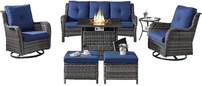 Outdoor Patio Furniture Set with Propane Fire Pit Table, 7 Pieces Wicker Patio Conversation Set with 2 Swivel Glider Rocker Chairs Rattan Sofa Blue Cushion Perfect for Casual Gathering Gray by GreenHaven Gardens