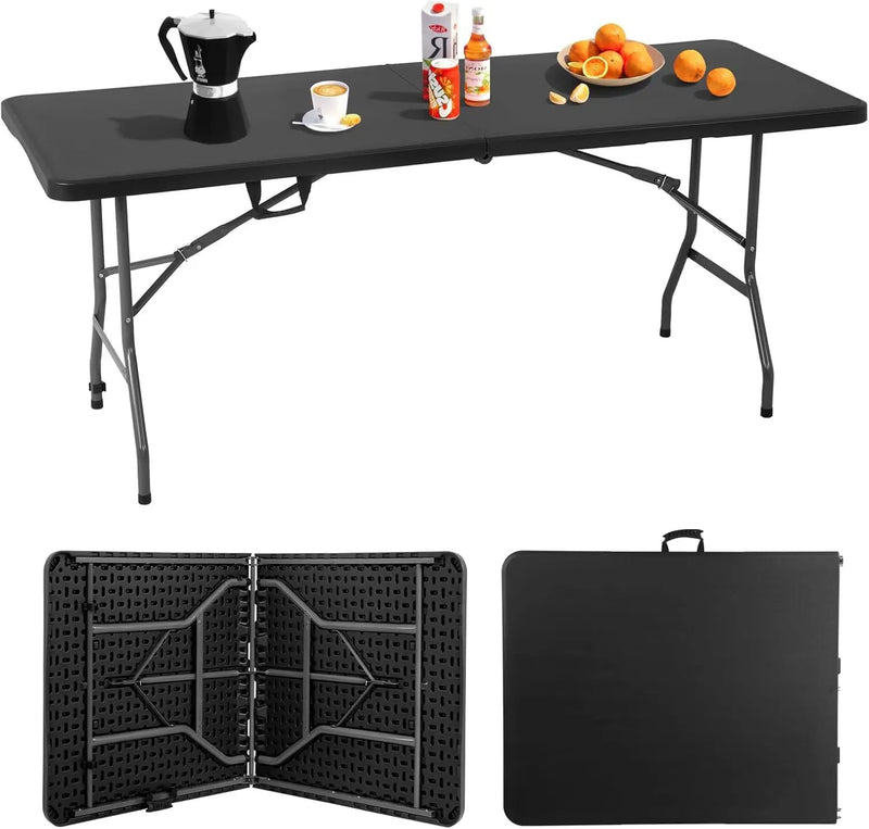 6FT Folding Table, Heavy Duty Plastic Table Portable Fold-in-Half Utility Table Indoor Outdoor Picnic Table w/Handle & Lock for Camping BBQ Party Wedding Market Events, Black by GreenHaven Gardens