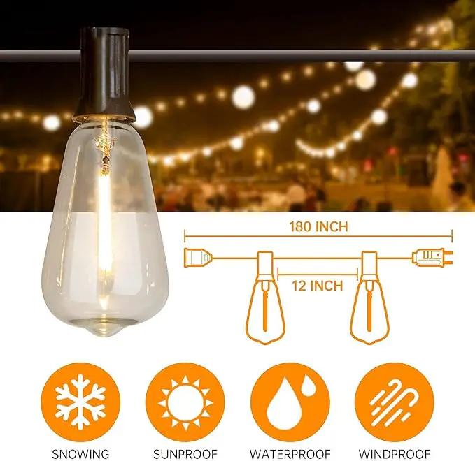 Vanthylit Outdoor String Lights, 15 FT Patio String Lights with LED Filament Bulb Waterproof Lights Retro Vintage Edison Bulbs for Backyard Patio Bistro Party Garden Connectable by GreenHaven Gardens