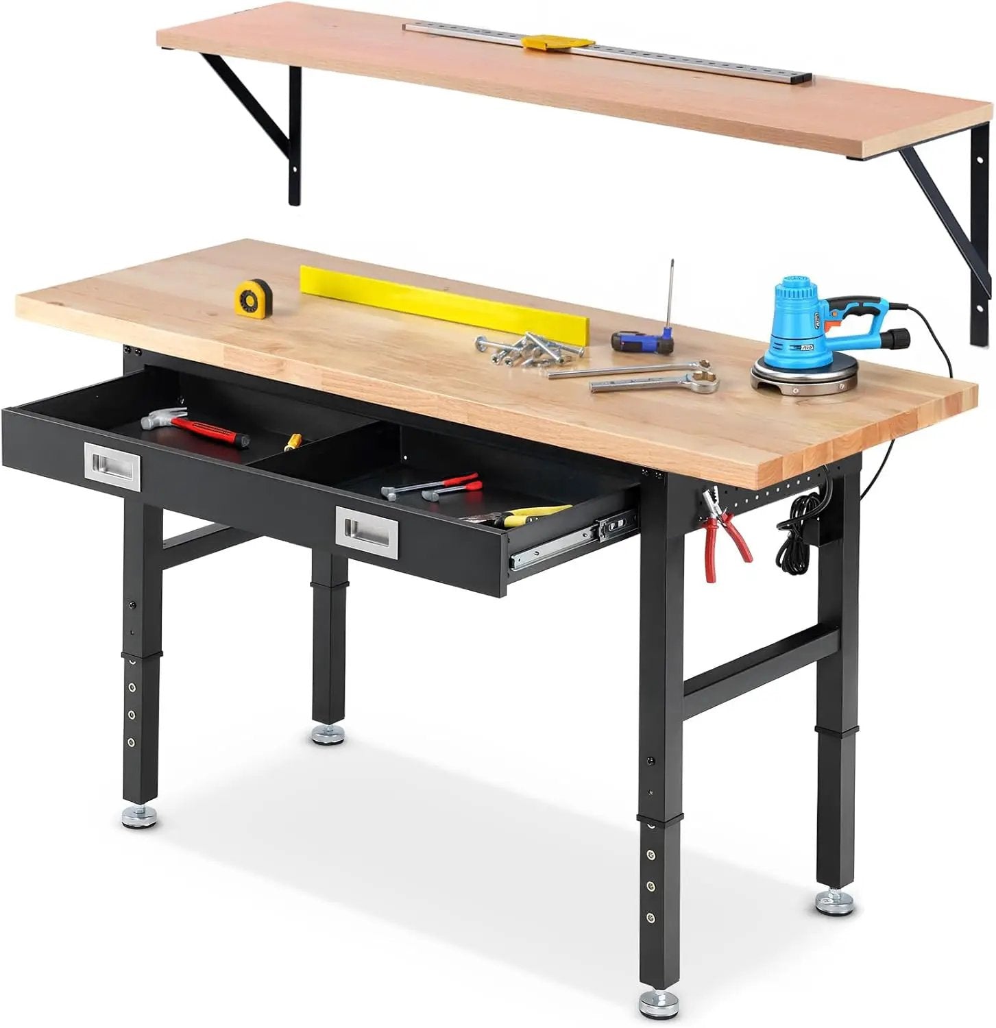 Work Bench for Garage with Shelf Bracket 60 x 22 Inch Heavy Duty Rubberwood Tabletop Work Table Adjustable Height Workbench with Drawer, Power Outlets for Woodworking Shop, Home, Office by GreenHaven Gardens