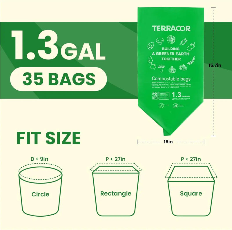 1.3 Gallon Compostable Trash Bags, 35 Bags Compost Bags for Countertop Bin, BPI Certified and Meet The ASTM D6400 Standard，Compostable Trash Bags in Dispenser Packs by GreenHaven Gardens