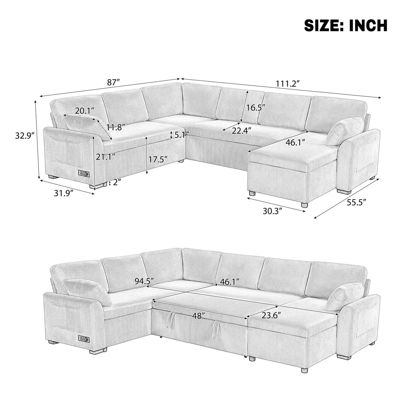 Convertible U-Shaped Sectional Sofa Bed With Reversible Chaise by HouseOfZazla