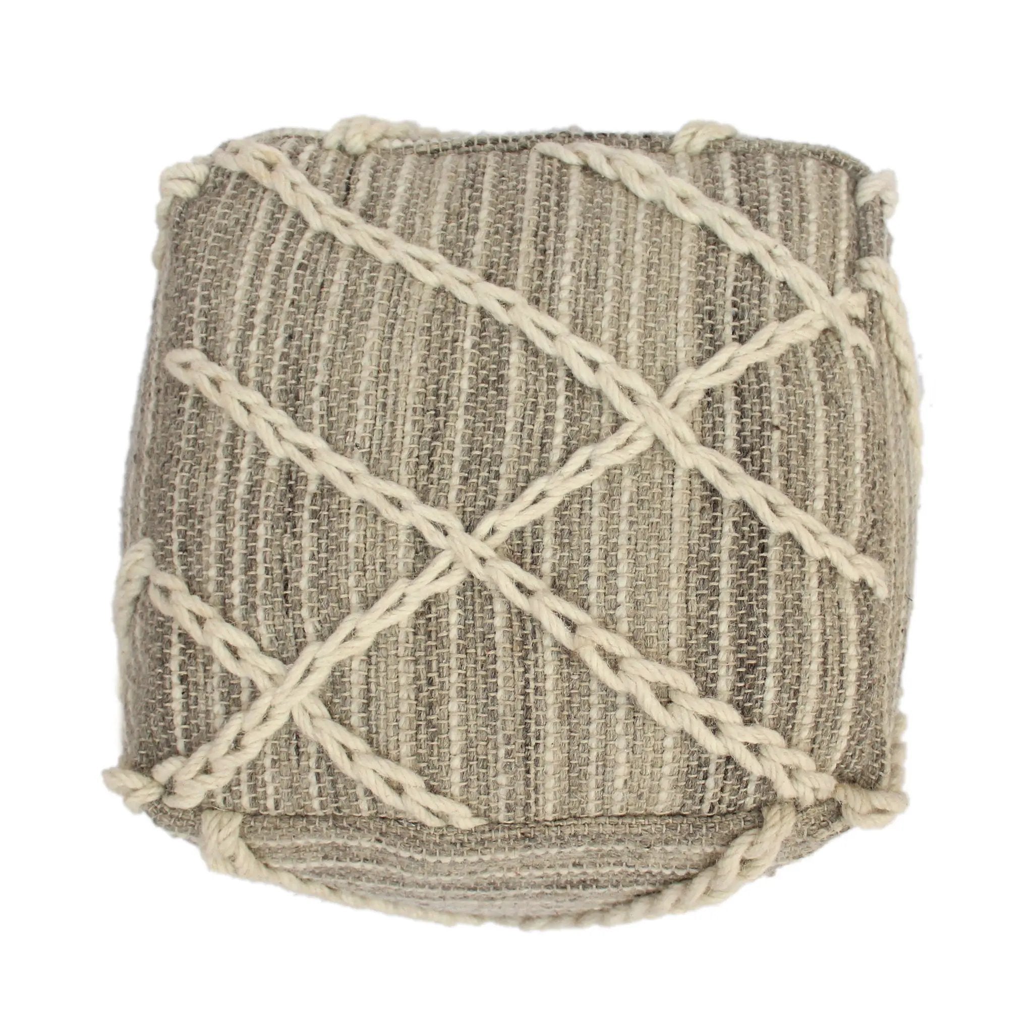 Modern Wool Rope Square Pouf Ottoman Floor Cushion - Gray / Ivory by HouseOfZazla