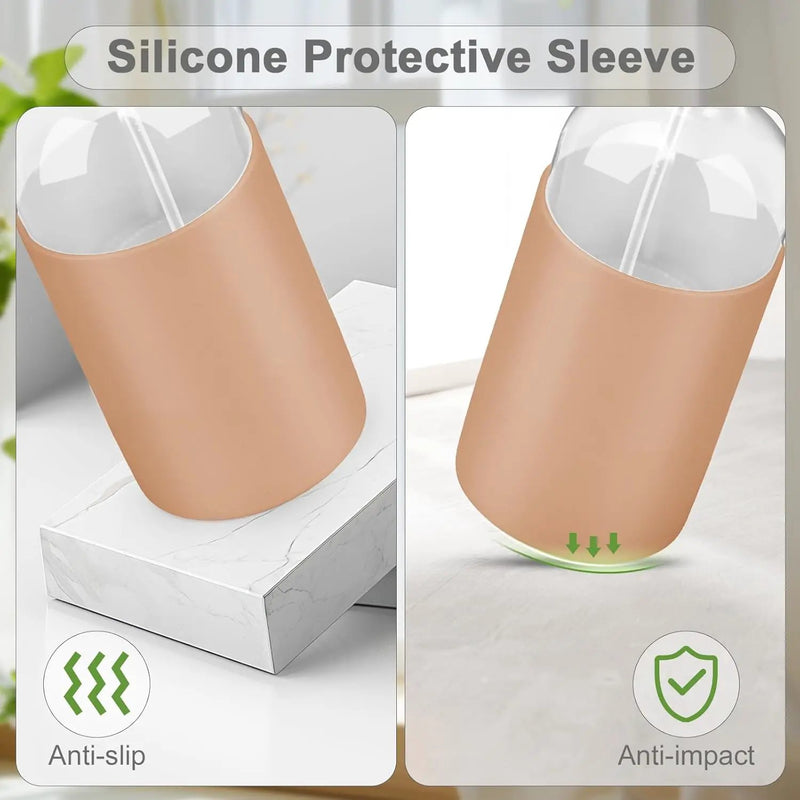 2 Pack Glass Spray Bottles with Long Silicone Sleeve, 16 oz Empty Refillable Containers with Adjustable Spray Nozzles, Spray Bottles for Hair, Cleaning Solutions and Plants khaki by GreenHaven Gardens