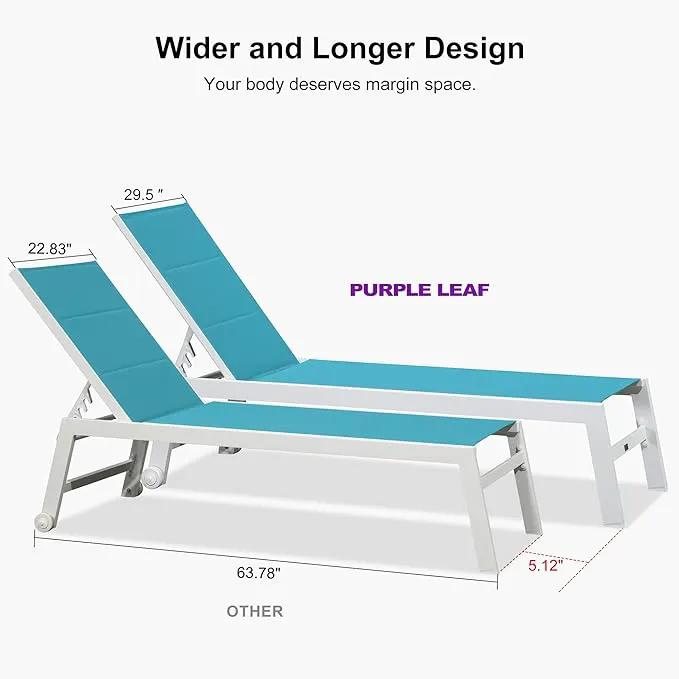 PURPLE LEAF Outdoor Chaise Lounge Set Oversize Adjustable Sunbathing Recliner Extra Wide Lounge Chairs with Side Table for Poolside Beach Outside Patio Aluminum Chaise Lounger Blue 2 Sets by GreenHaven Gardens