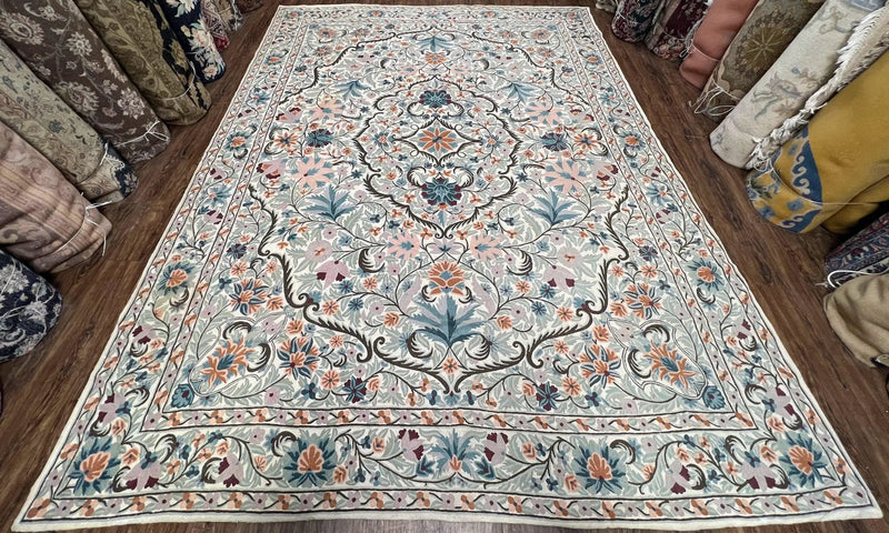 Chain Stitched Rug 9x12 Vintage Carpet 9 x 12 Flatweave Rug, Ivory Teal Rug, Area Rug 9 by 12, Hand Stitched Rug, Medallion, Indian Rug by Jewel Rugs