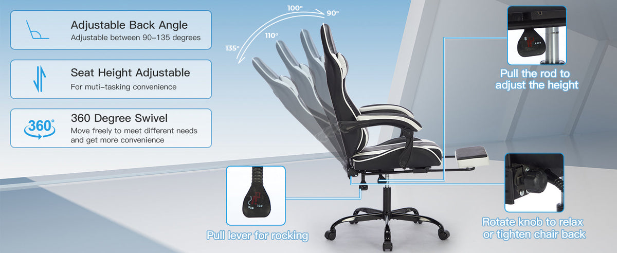 Ergonomic Gaming Chair with Footrest and Massage Lumbar Pillow – Black White / Black+Orange, photo 10 of 10