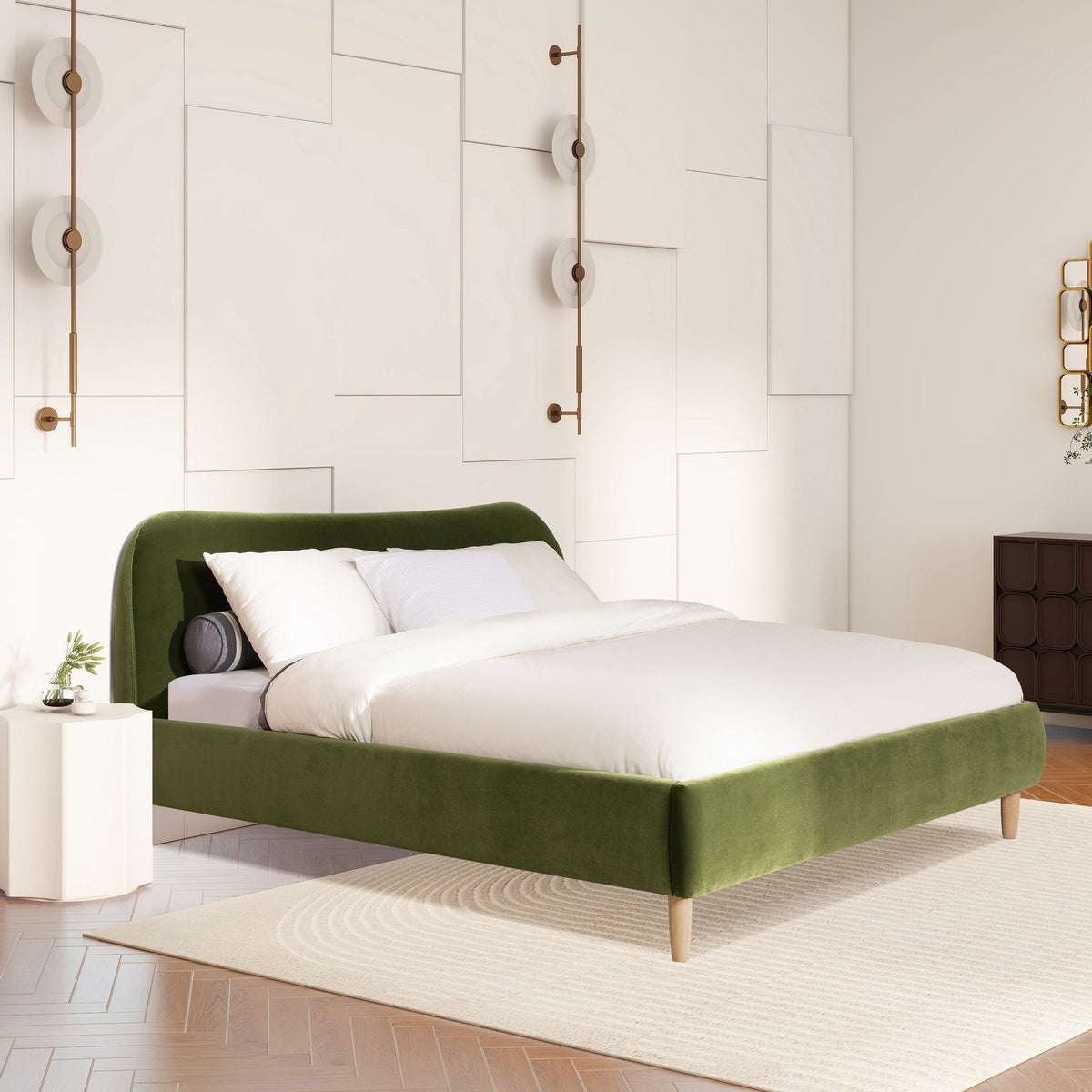 Curved Headboard Upholstered Platform Bed with Mattress Support - Black, White, Dark Green, photo 29 of 40