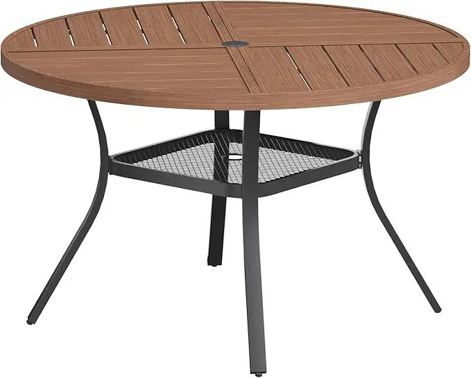 VICLLAX Round Patio Table with Adjustable Umbrella Hole for 6, All Weather Metal Outdoor Dining Table for Lawn Garden, 47.2" Outdoor Coffee Table, Walnut Wood-Like Tabletop by GreenHaven Gardens