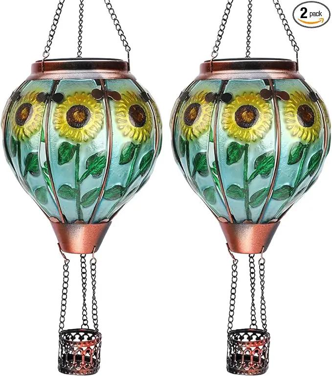 2PC Hot Air Balloon Solar Lantern with 2PC Shepherd Hook, Flickering Flame Hanging Solar Lanterns Outdoor Lights Waterproof Lanterns Decorative Garden Patio Yard Party Decor (Sunflower) by GreenHaven Gardens