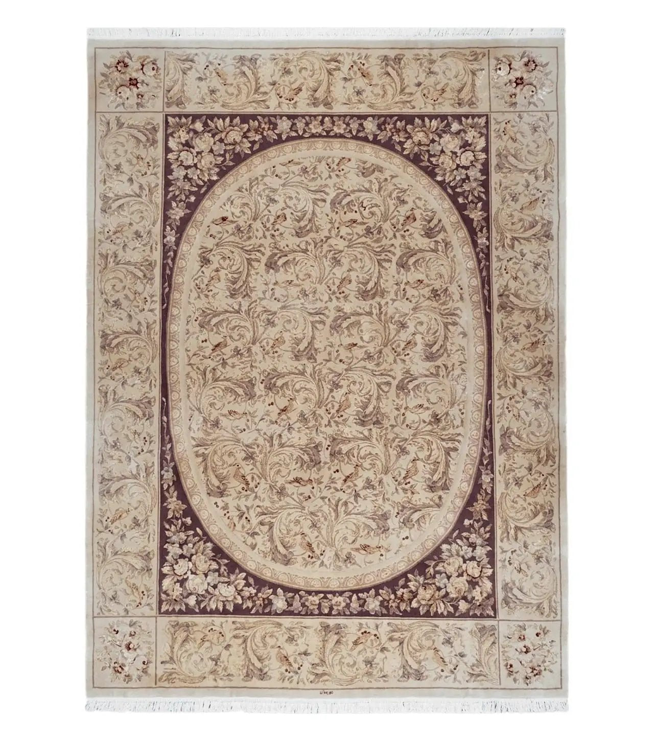 Chinese Aubusson Savonnerie Area Rug 8x12, Vintage 120 Line Carpet, Wool and Silk Hand-Knotted, Birds Flowers Master Weaver Signature by Jewel Rugs