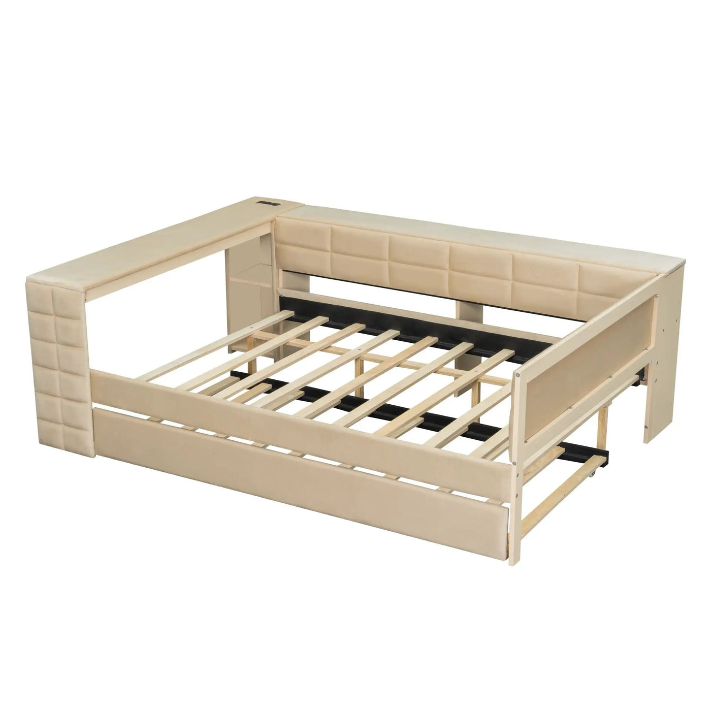 Upholstered Platform Bed With Storage Shelves, Desk, Charging Station And Trundle by HouseOfZazla