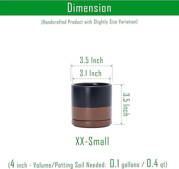 D'vine Dev Set of 4 Small Ceramic Plant Pots, 3.5 Inch Succulent Planter Pot for Plants with Drainage Hole and Saucer, Black/Speckled Tan, 94-X-A-7 by GreenHaven Gardens