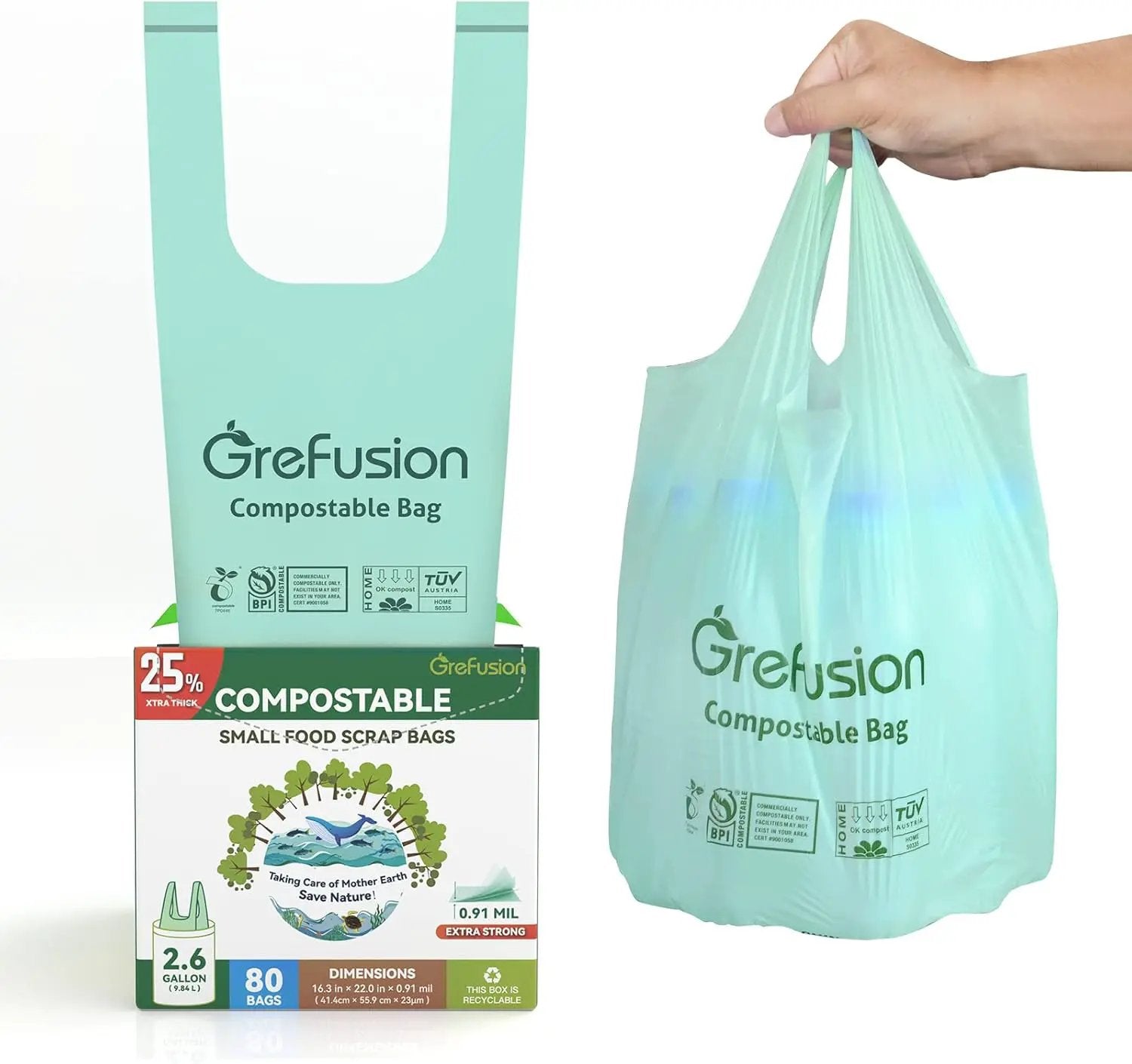 Compostable trash Bags, 2.6 Gallon,Thick 0.91 mils,Compost bin Kitchen,Food Scrap Waste Bags,Small trash bags for compost bin kitchen,Certified by BPI and OK Compost, (80 Count) by GreenHaven Gardens