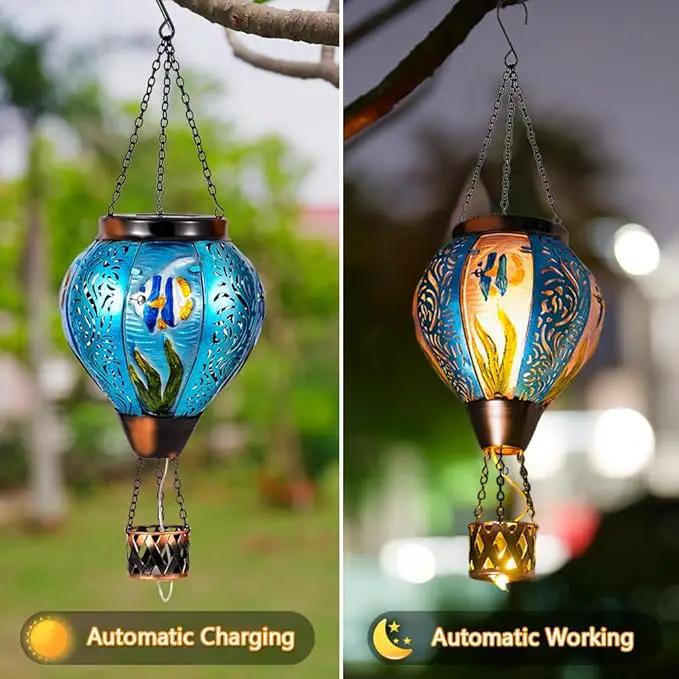 Blue Fish Hot Air Balloon Solar Lantern with Flickering Flame Hanging Solar Lanterns Outdoor Waterproof,LED Metal Hot Air Balloon Lights for Patio Yard Garden Decor,Mother Day Gifts for Women by GreenHaven Gardens