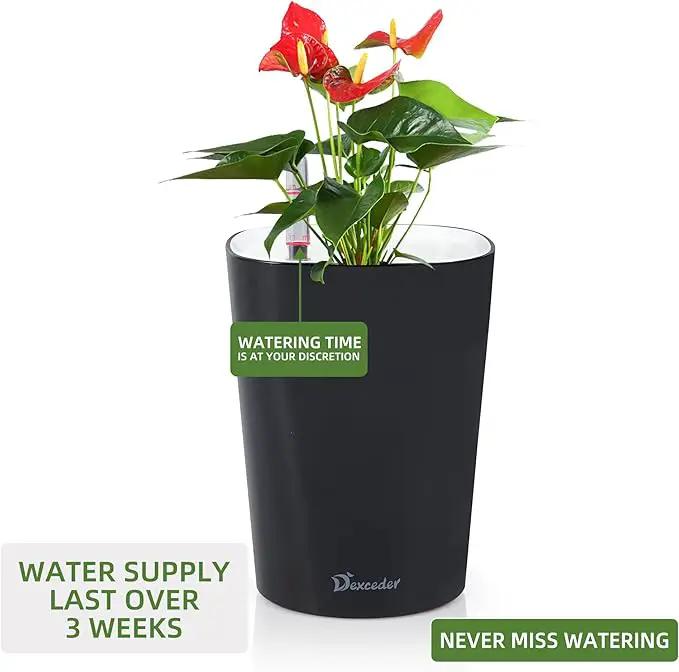 Dexceder 6x7 Self Watering Planter Indoor Outdoor, High Gloss Table Flower Plant Pot with Water Level Indicator (Black) by GreenHaven Gardens