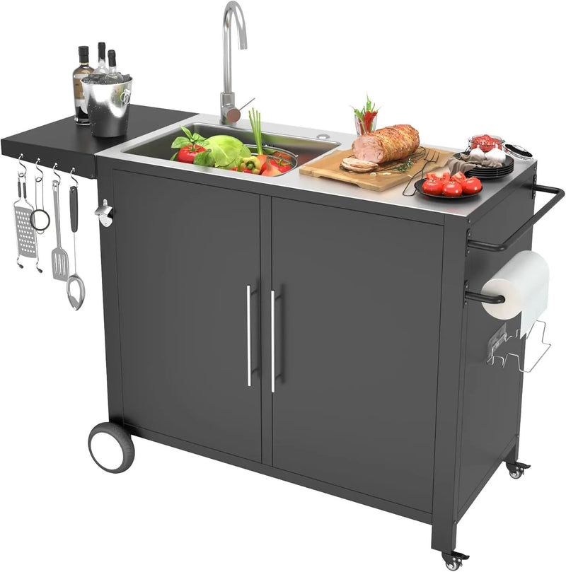 Outdoor Kitchen Sink with Hose Hook up, Stainless Steel Worktable Kitchen Cabinet Island, Grill Prep Table Work Station, Grill Cart for Garden, Backyard and Lawn by GreenHaven Gardens