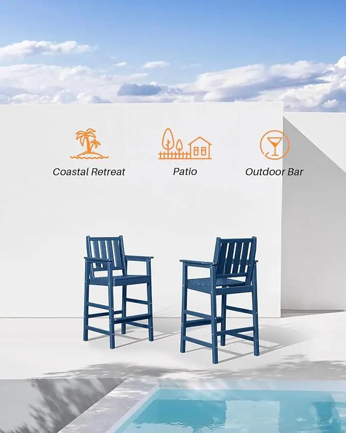3 Pieces HDPE Outdoor Patio Bar Set, Rectangular Outdoor Bar Height Table and Chairs Set, Adirondack Patio Bar Stools Set, Outdoor Bar Table and Chairs Set for Balcony, Poolside, Porch, Navy by GreenHaven Gardens