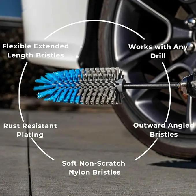 Long Reach Drill Brush Attachment, All Purpose for Car Tires, Wheels, Wheel Wells, Engine Bays, Exhaust Pipes, Running Boards, Hard to Reach Areas, with Heavy Duty Non-Scratch Nylon Bristles by GreenHaven Gardens