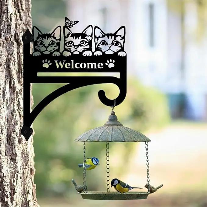 peacoblue Iron Plant Hangers Hooks Cat with Welcome for Outdoor Indoor Hanging Plants Flower Fern Pots Lantern Bird Feeder, 12"x15" Weather Resistant Metal Wall Holder for Porch Garden Farmhouse by GreenHaven Gardens