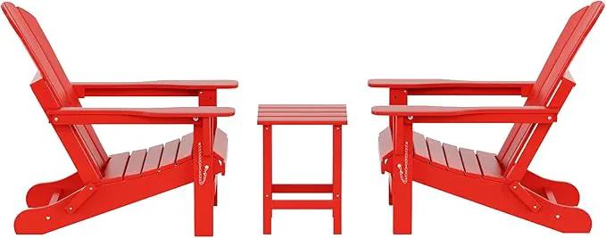WO Home Furniture Adirondack Chairs Table Set of 3 PCS Outdoor Folding Chairs Side End Table Weather/UV Resistant for Lawn, Garden, Bon Fire, Balcony (Red) by GreenHaven Gardens