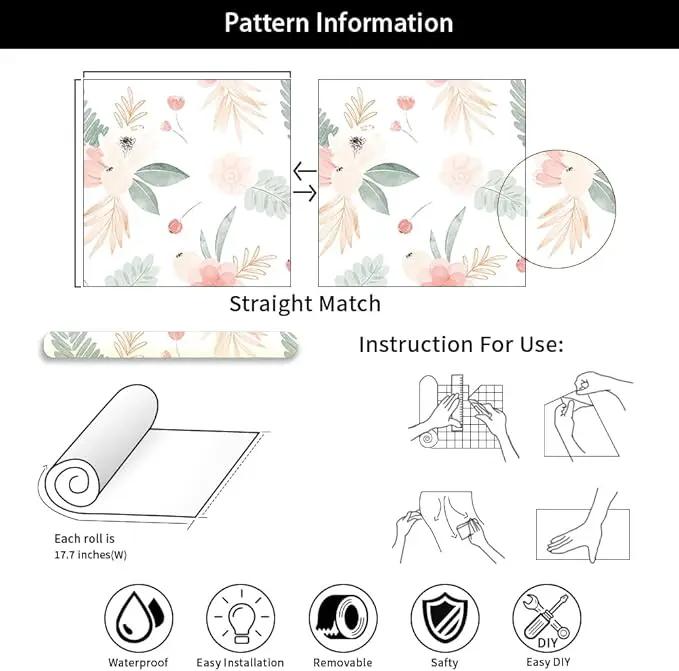 Neutral Green Leaves Pink Poppy Floral Peel and Stick Wallpaper Self Adhesive Removable Easy Peel Off Stick on Wall Paper for Bedroom Cabinet Renter by GreenHaven Gardens
