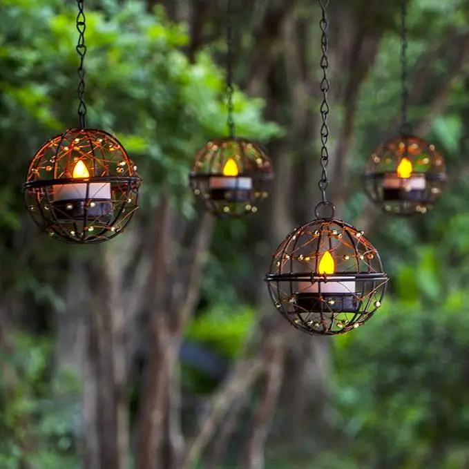 Solar Lights Outdoor Hanging Lanterns, ZHONGXIN Beaded Copper Wire Ball Candle Holder with Solar Tea Lights, Perfect for Home, Garden, Backyard, Pergola, Patio Umbrella, Tree, Window Decor-Set of 4 by GreenHaven Gardens