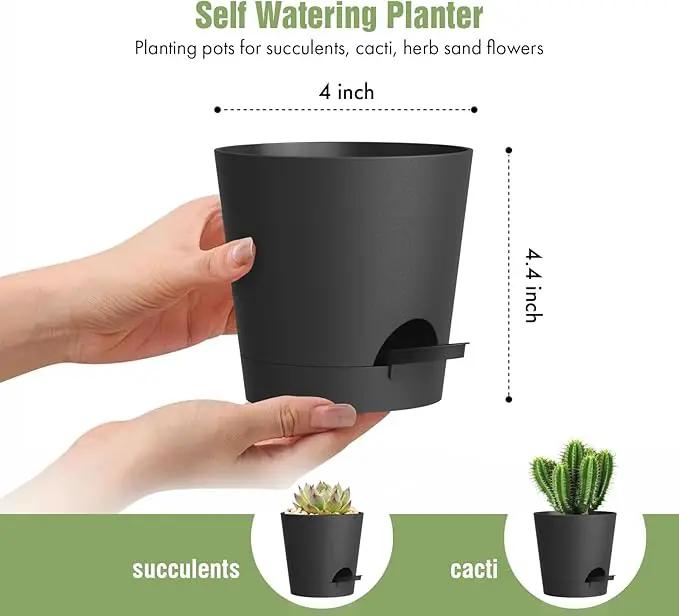 4 inch Self Watering Pots for Indoor Outdoor Plants, 6 Pack Plastic Flower Planters with Drainage Holes and Removable Saucers, Plant Pots with Wicking Rope, Modern Decor, Black by GreenHaven Gardens