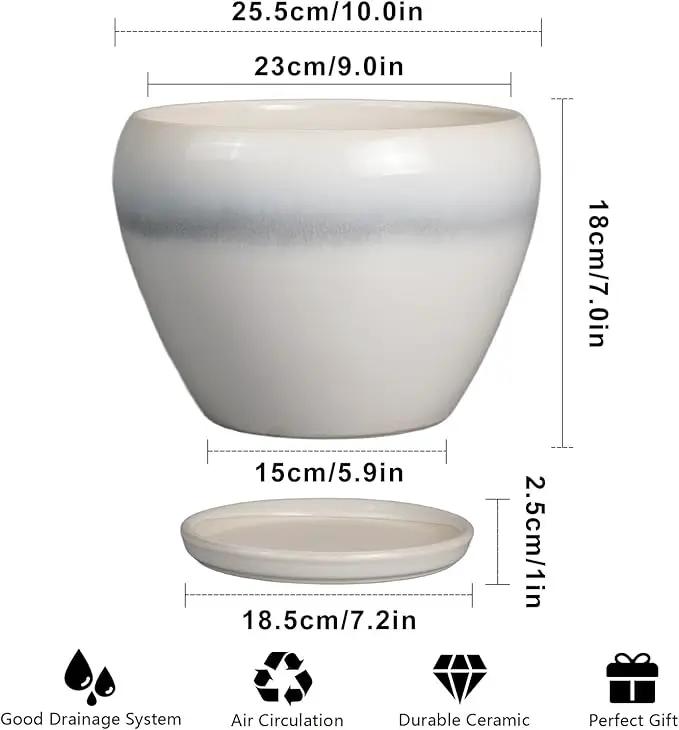 10 Inch Ceramic Planter Pot - Large Plant Pot with Drainage Hole and Saucer Round Flower Pot for Indoor Plants, White by GreenHaven Gardens