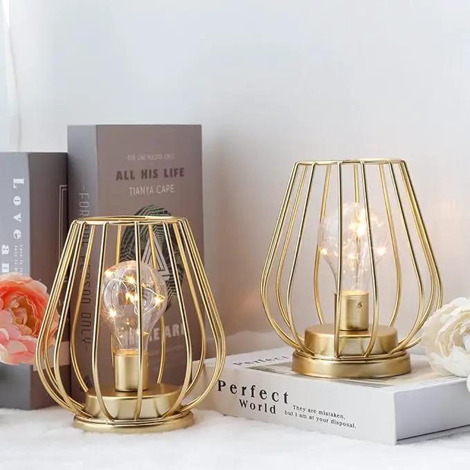 TRIROCKS Set of 2 Metal Battery Operated Lamp 7'' Tall Cage Shape Cordless Table Lamp Battery Lanterns with Warm Fairy Lights Bulb for Patio Garden Wedding Parties Indoor Outdoor(Gold) by GreenHaven Gardens
