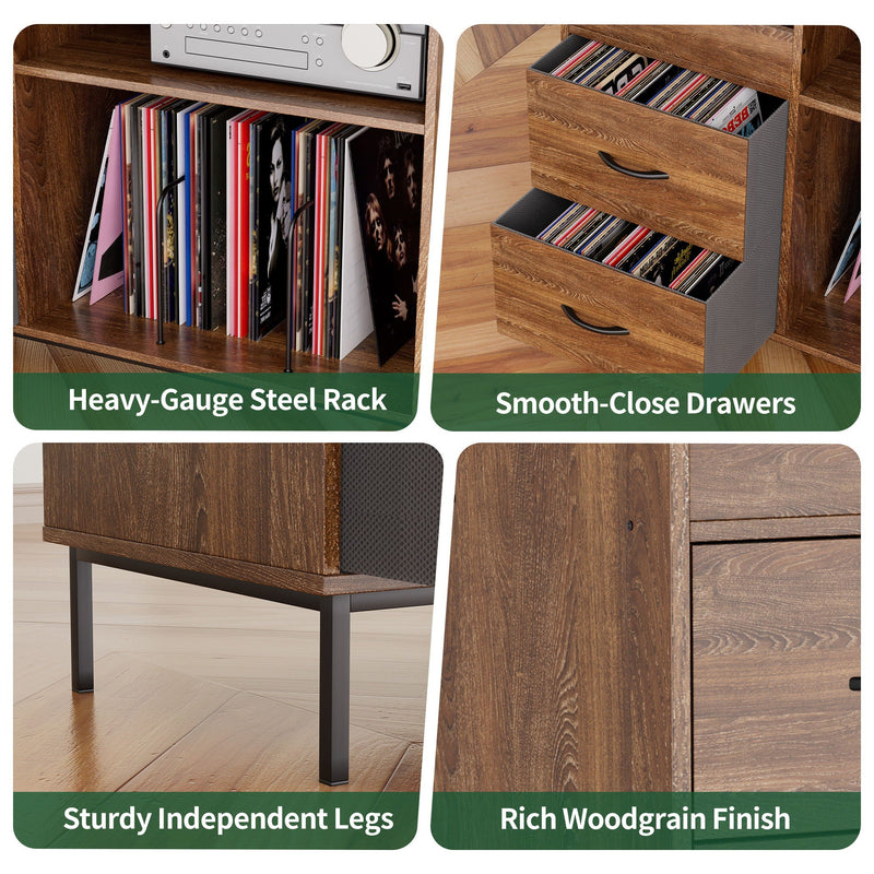 Grain Record Player Stand, Media Console With Speaker Shelf & 2 Drawers