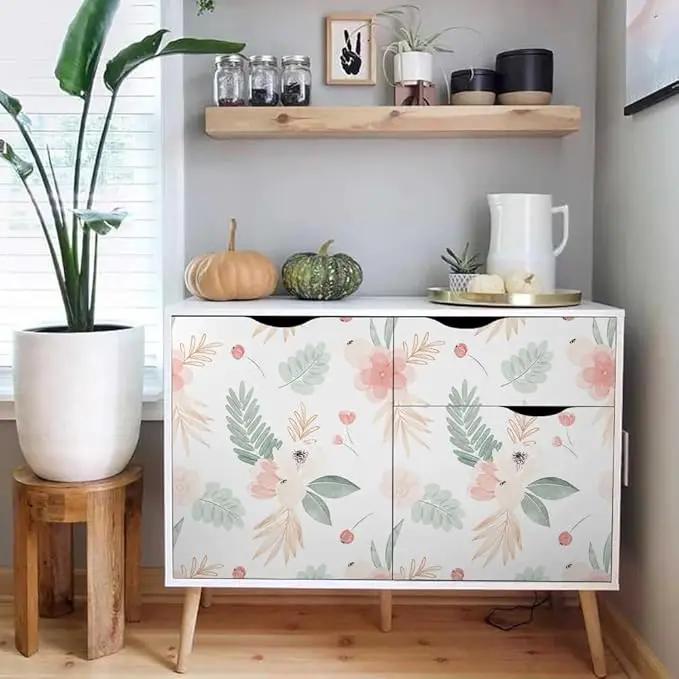Neutral Green Leaves Pink Poppy Floral Peel and Stick Wallpaper Self Adhesive Removable Easy Peel Off Stick on Wall Paper for Bedroom Cabinet Renter by GreenHaven Gardens