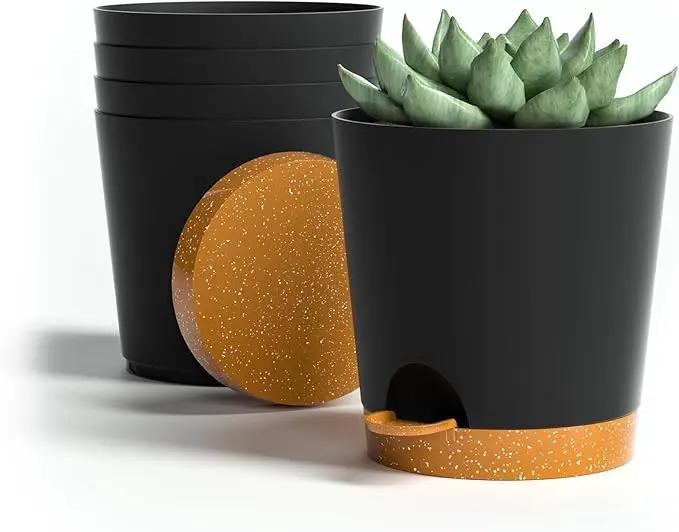4 inch Small Plant Pots for Outdoor Indoor Plants, 5 Pack Planters with Drainage Holes and Tray, Small Self Watering Pots for Succulent,Cactus, Aloe and Other Plants (Black) by GreenHaven Gardens