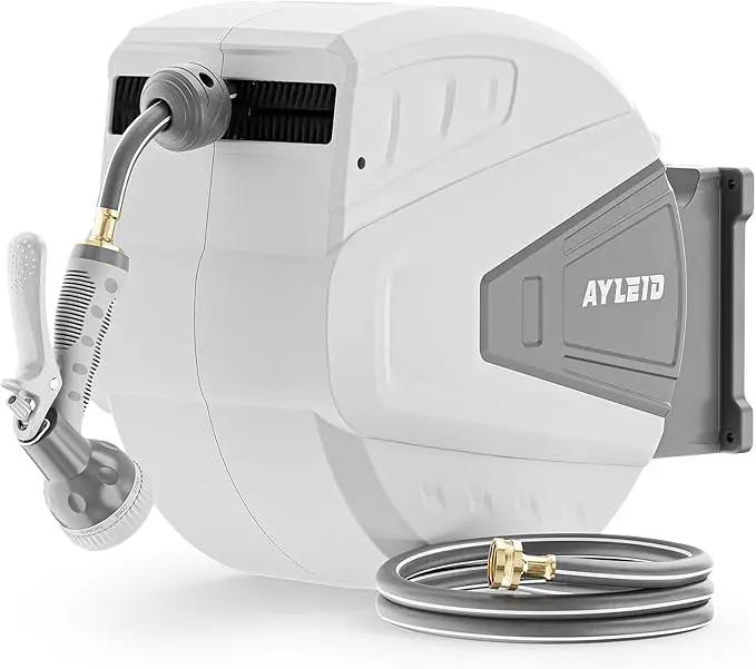 Ayleid Retractable Garden Hose Reel,1/2 in x 130 ft Wall Mounted Hose Reel, with 9- Function Sprayer Nozzle, Any Length Lock/Slow Return System/Wall Mounted/180°Swivel Bracket (Grey) by GreenHaven Gardens