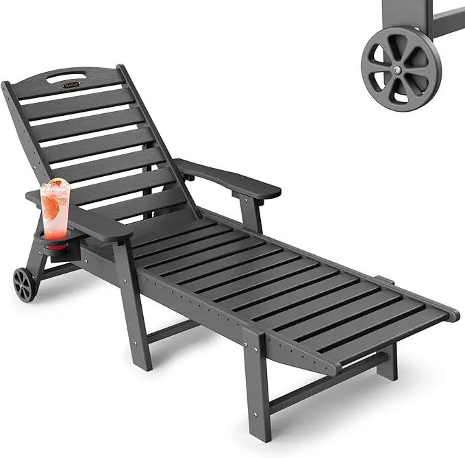 Lounge Chair Outdoor, Chaise Lounge Chair Outdoor, HDPE 6-Position Lounge Chair for Outside, Patio Lounge Chair with Wheels & Cup Holder for Pool Poolside Deck Backyard, Grey by GreenHaven Gardens