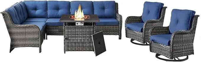 Outdoor Sectional Sofa Furniture Set with Propane Fire Pit Table, Wicker Patio Conversation Set with 2 Swivel Glider Rocker Chairs Blue Cushion Perfect for Backyard Casual Gathering by GreenHaven Gardens