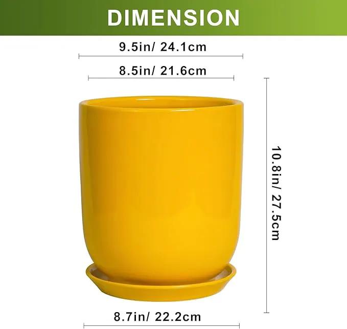 Ceramic Pot for Plants - 10 Inch Plant Pot Indoor with Drainage Hole and Saucer Large Planter for Outdoor Plants Cylinder Decorative Flower Pot Yellow by GreenHaven Gardens