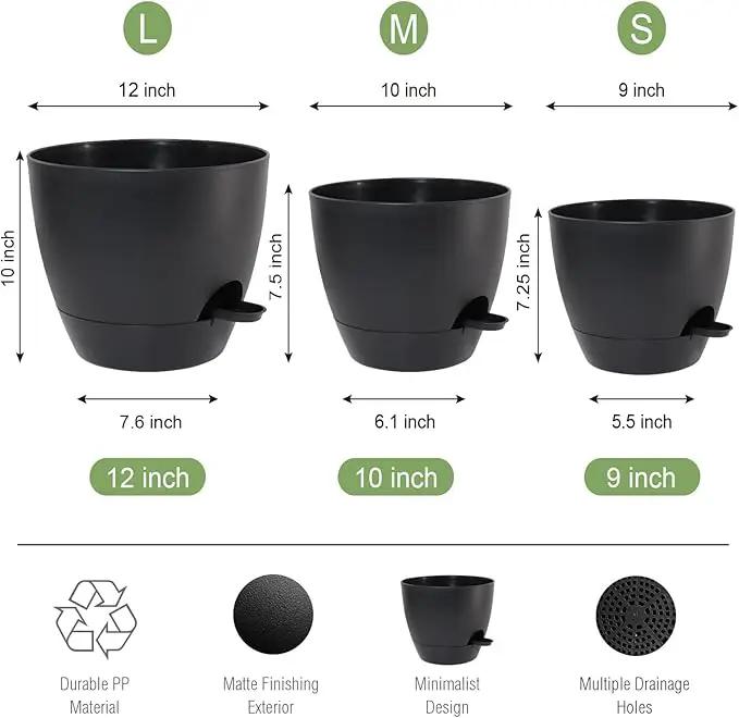 Large Self Watering Pots, 12/10/9 Plastic Planters with High Drainage Holes and Deep Reservoir for Indoor Outdoor Garden Plants and Flowers, Black by GreenHaven Gardens