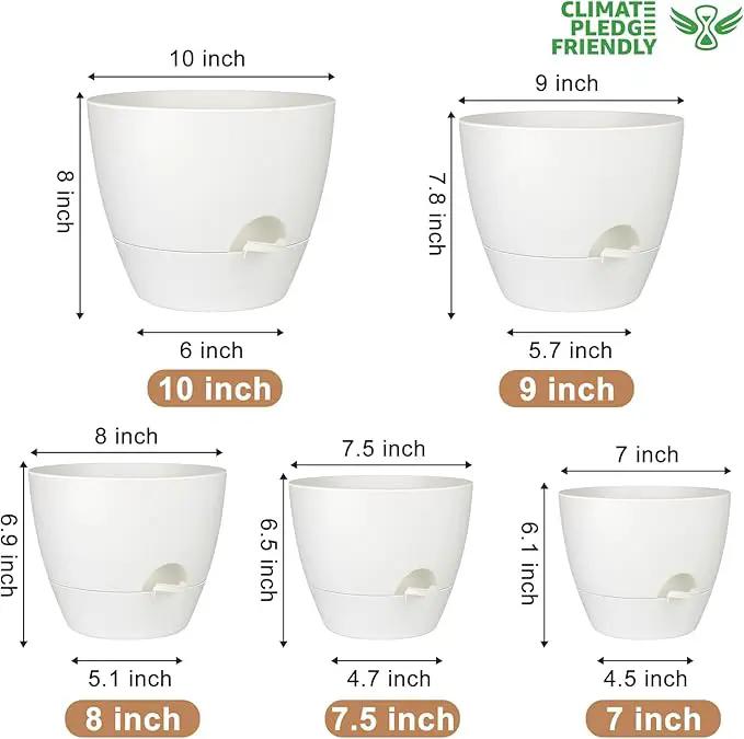 Plant Pots 10/9/8/7.5/7 Inch Self Watering Pots, Set of 5 Plastic Planters with Drainage Holes and Saucers,Plastic Flower Pots,Nursery Planting Pot for Indoor Out Door Plants(Pure White) by GreenHaven Gardens