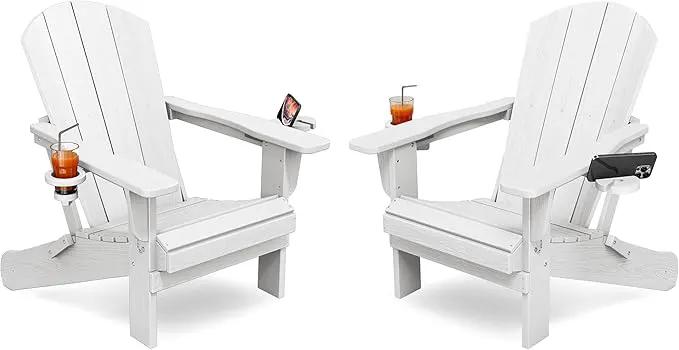 KINGYES Folding Adirondack Chair Set of 2, Dual Cup Holders & All-Weather HDPE, Wood-Like Patio Chair for Backyard, Camping, Pool & Fire Pit, White by GreenHaven Gardens
