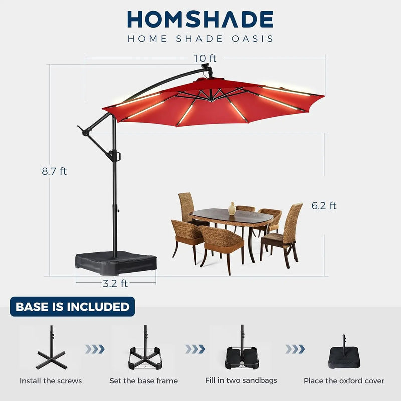 HOMSHADE 10ft Solar Lights Offset Cantilever Patio Umbrella with Light and Base, LED Lighted Offset Hanging Patio Outdoor Market Umbrella UPF50+ UV Protection with Easy Tilt and Crank, Red by GreenHaven Gardens