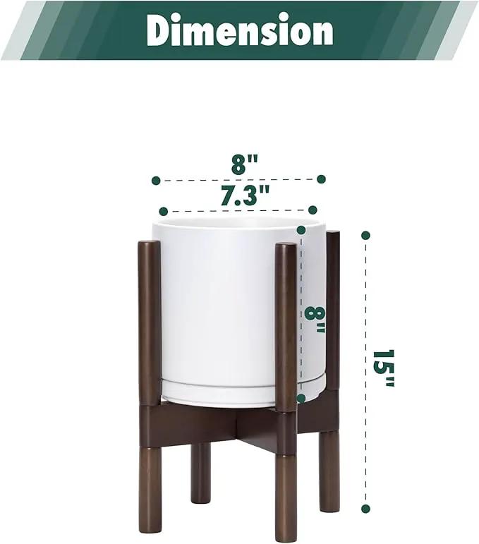 D'vine Dev Ceramic Planter with Walnut Color Stand - 8 Inch Modern Round Flower Pot with Wood Planter Holder, White, 55-B-Y-1 by GreenHaven Gardens