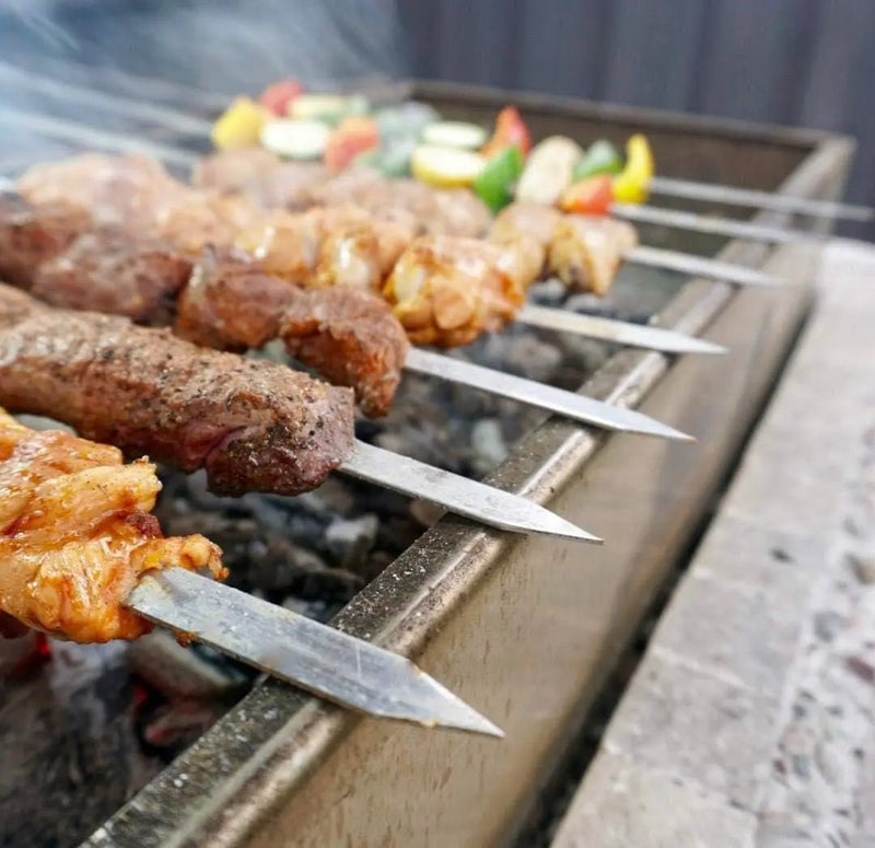 Antallcky 12 Pack Kebab Skewers 22 Inch BBQ Barbecue Skewers Stainless Steel Sticks Heavy Duty Large Wide Reusable with Nonslip Wooden Handle Ideal for Shish Kabob Chicken Shrimp and Vegetables by GreenHaven Gardens