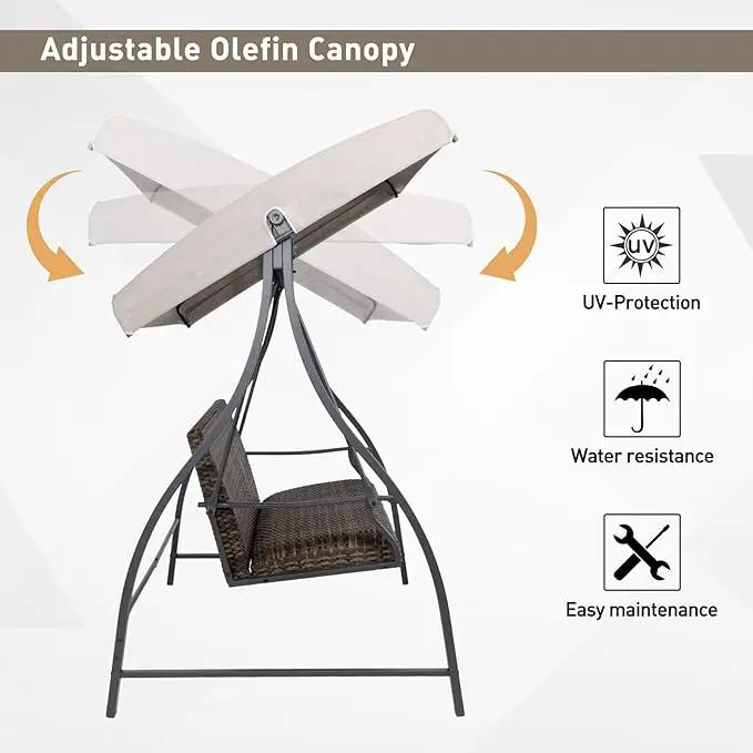 BPS 3 Seat Outdoor Porch Swing with Adjustable Canopy, PE Wicker Patio Swing Chair with Quick-Drying Foam Seat, 882 LBS Capacity, Proch Swings for Deck, Backyard, and Lawn, Khaki by GreenHaven Gardens