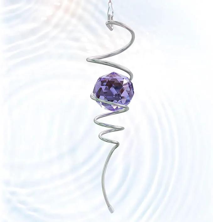 Wind Spinner Spiral Tail, Gazing Ball Spiral, Decorative Sun Catcher Rainbow Maker 11inch Tail and 2 inch Purple Crystal Orb with Swivel Hook, Indoor & Outdoor Garden Decoration 13" Height by GreenHaven Gardens