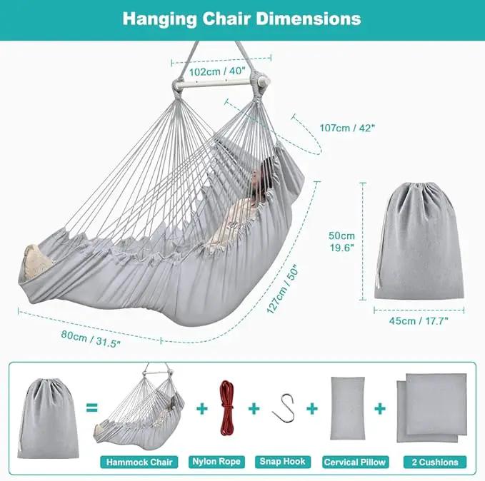 Outerman Hammock Chair, Hanging Chair with 3 Cushions and Foot Rest Support, Sturdy Metal Spreader Bar Max 440 Lbs, Swing Chair for Bedroom, Indoor & Outdoor, Patio, Porch or Tree（Gray） by GreenHaven Gardens