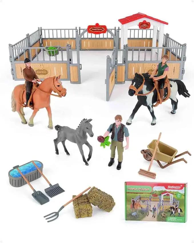 Horse Stable Playset, Horse Gifts for Girls and Boys with 3 Horses and 2 Riders, Horse Toys Set Farm Animals Toys for Kids 3 4 5 6 7 8+ (New Model), Green by GreenHaven Gardens