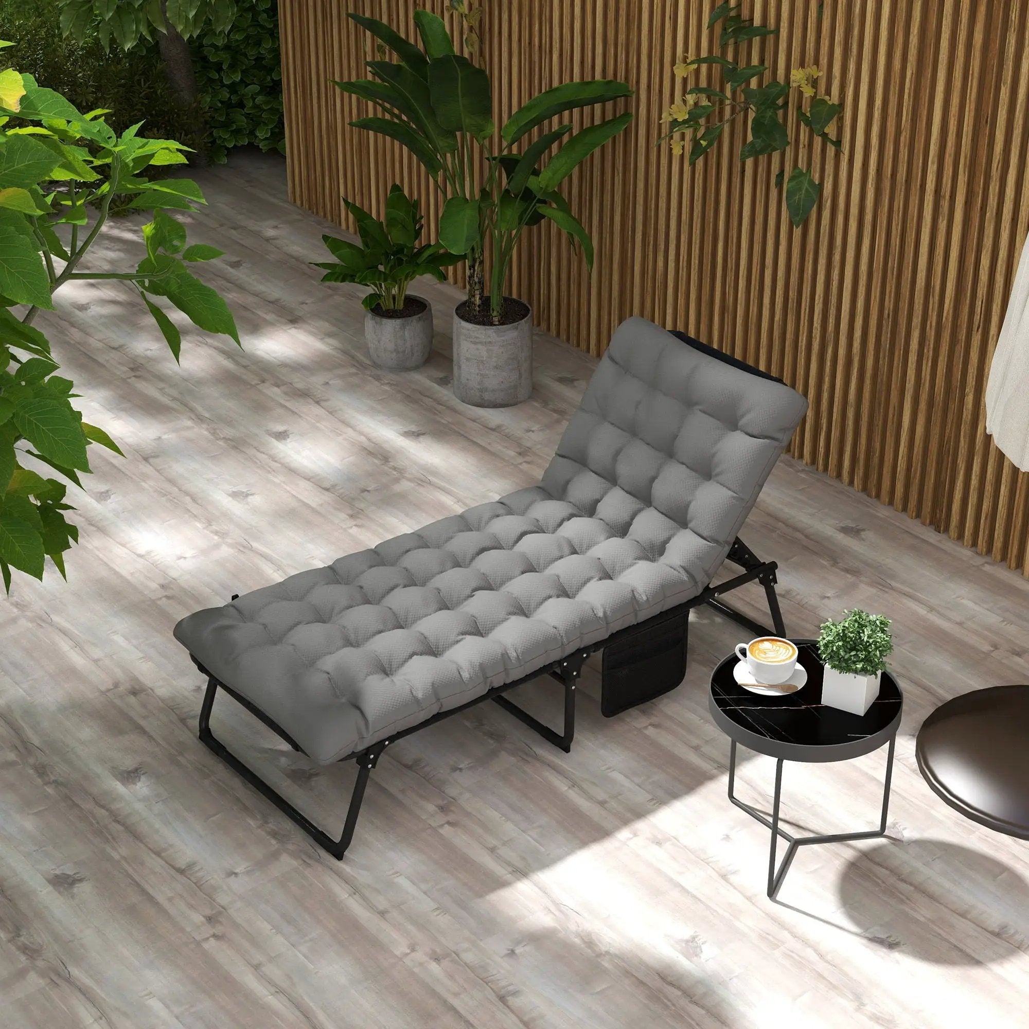 Outsunny - Outdoor Chaise, Adjustable Folding Chaise Lounge With 4-Position Backrest, Magazine Pocket, Removable Head Pillow, Sun Bathing Lounger Chair For Patio, Beach - Gray by HouseOfZazla